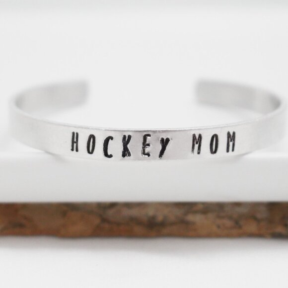 Hockey Mom - Hand Stamped Anodized Aluminum Bangle - Adjustable - Picture 9 of 11